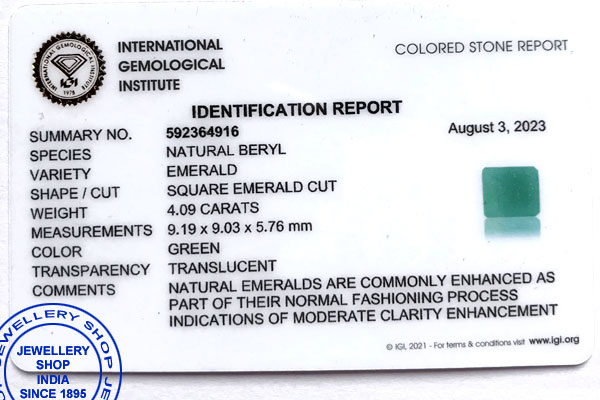 IGI LAB GEM TESTING CERTIFICATE Emerald Stone