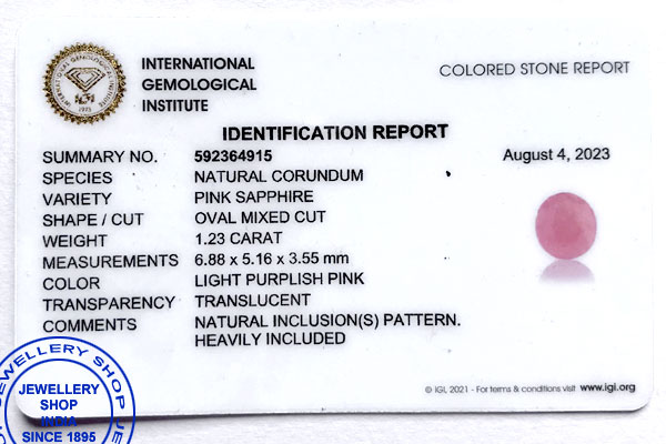 IGI LAB GEM TESTING CERTIFICATE Pink Sapphire