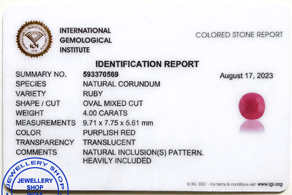 IGI LAB GEM TESTING CERTIFICATE Ruby Stone