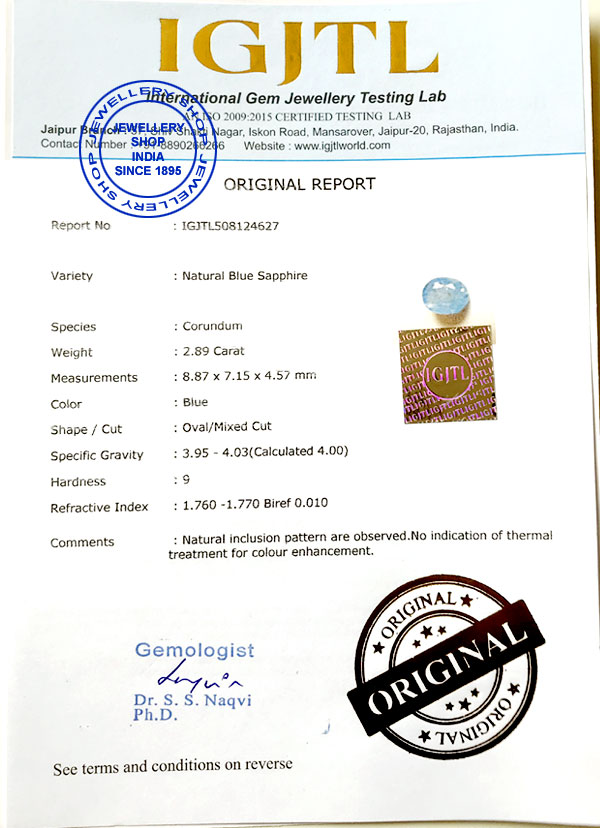 International Gemstone Lab Certificate