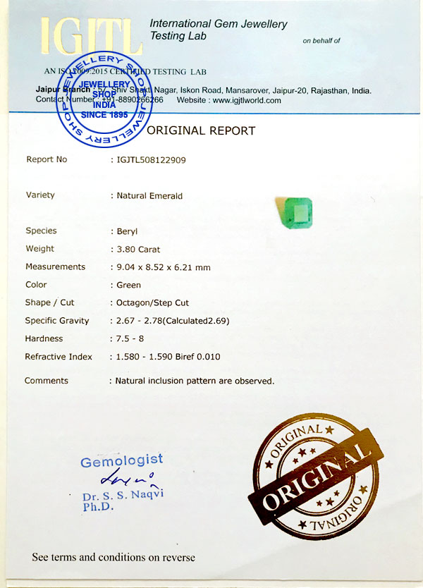 International Gemstone Lab Certificate