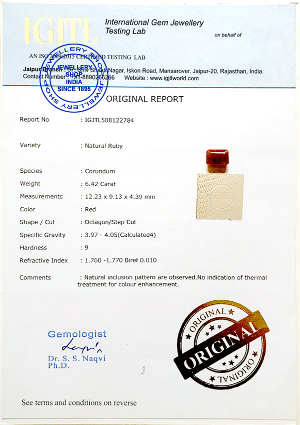 International Gemstone Lab Certificate